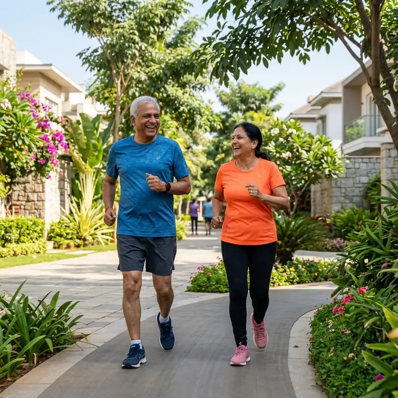 Elderly Indian couple jogging and laughing together in a premium gated active ageing community