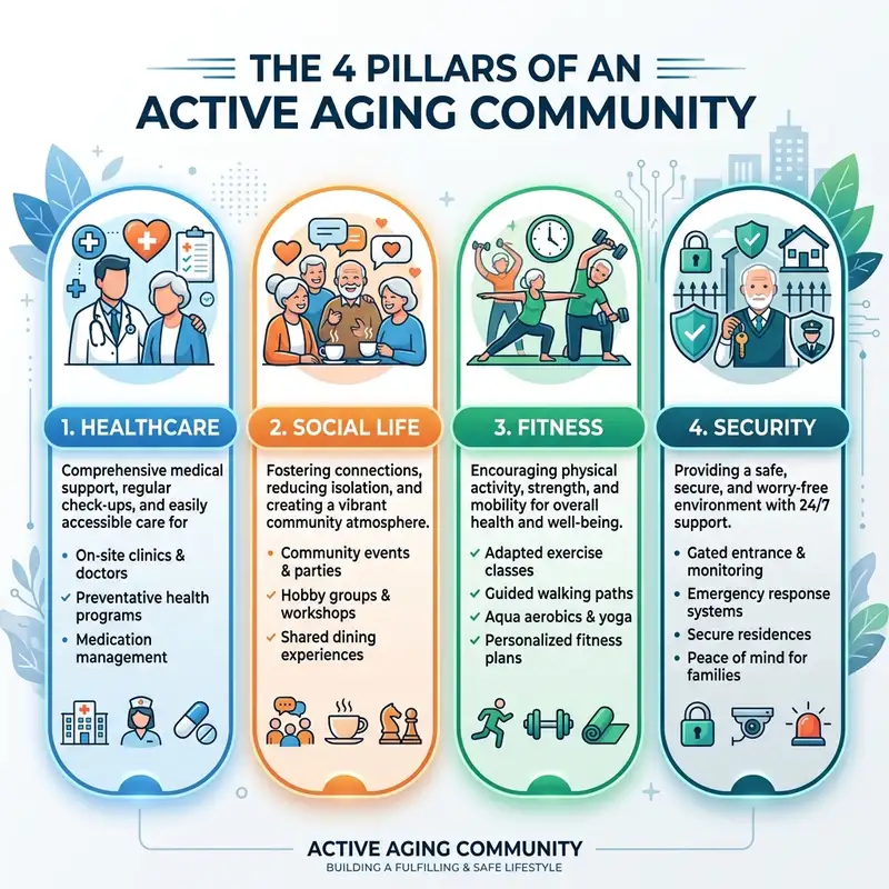 The 4 pillars of an active ageing community healthcare, social life, fitness, and security