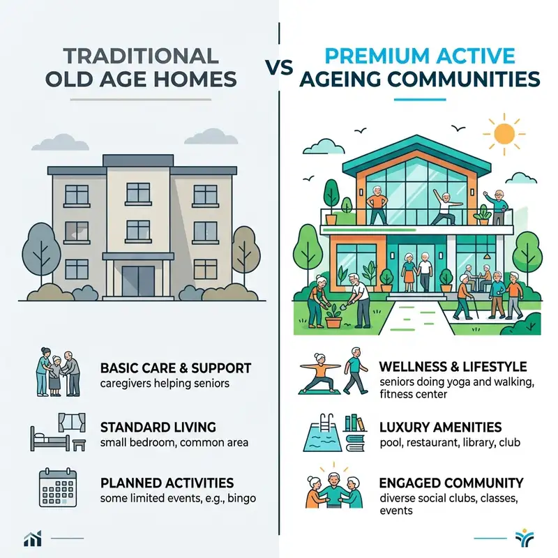 Comparison between traditional old age homes and premium active ageing communities in India