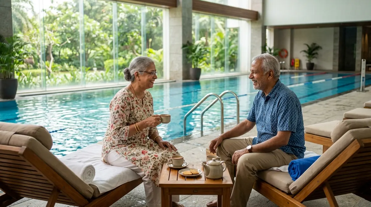 Active senior Indian couple doing gentle water resistance exercises in a warm indoor heated swimming pool with safety handrails and sunny garden views