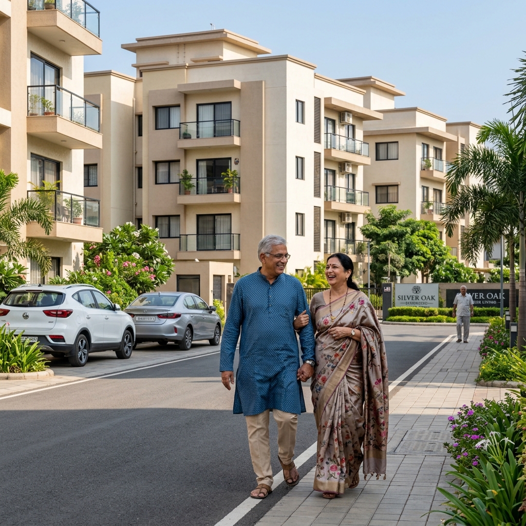 Elderly couple walking in a premium senior living community in India
