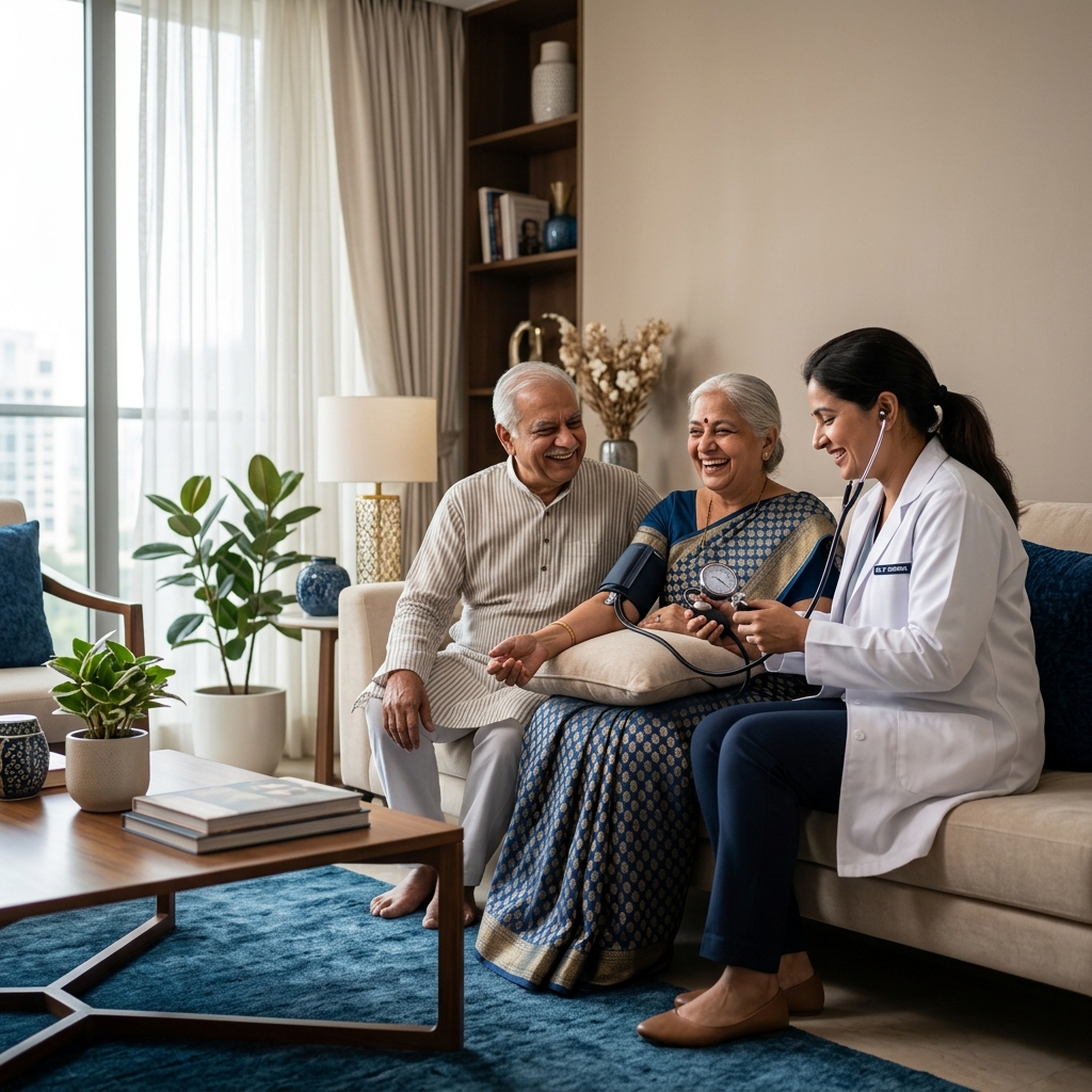 Doctor checking an elderly patient in a premium senior living community in India