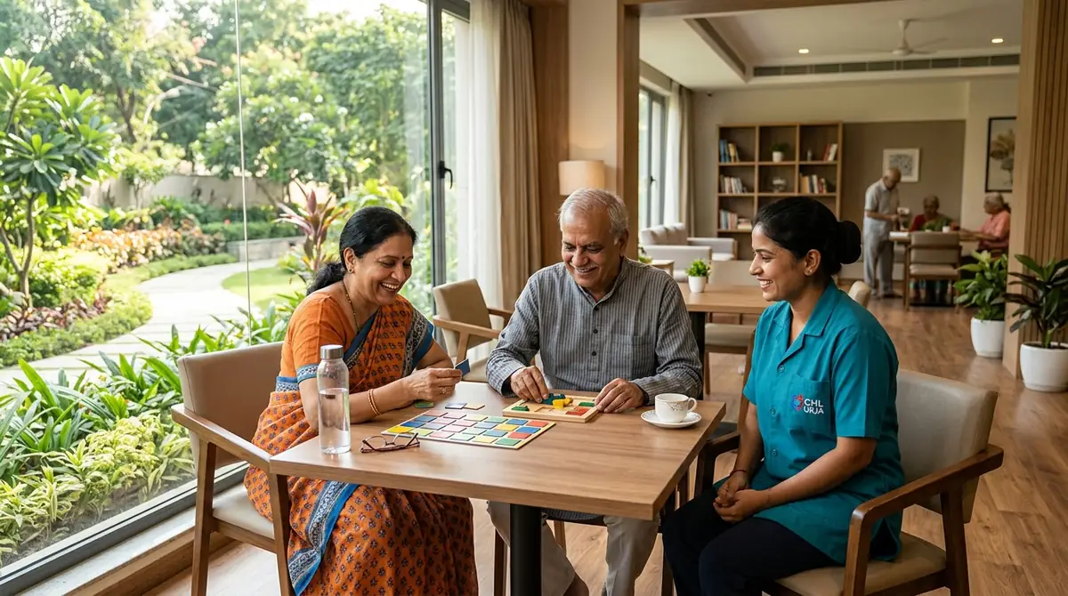 Active Indian senior couple engaged in cognitive wellness puzzles and brain training with a dedicated geriatric care specialist in a sunlit clubhouse