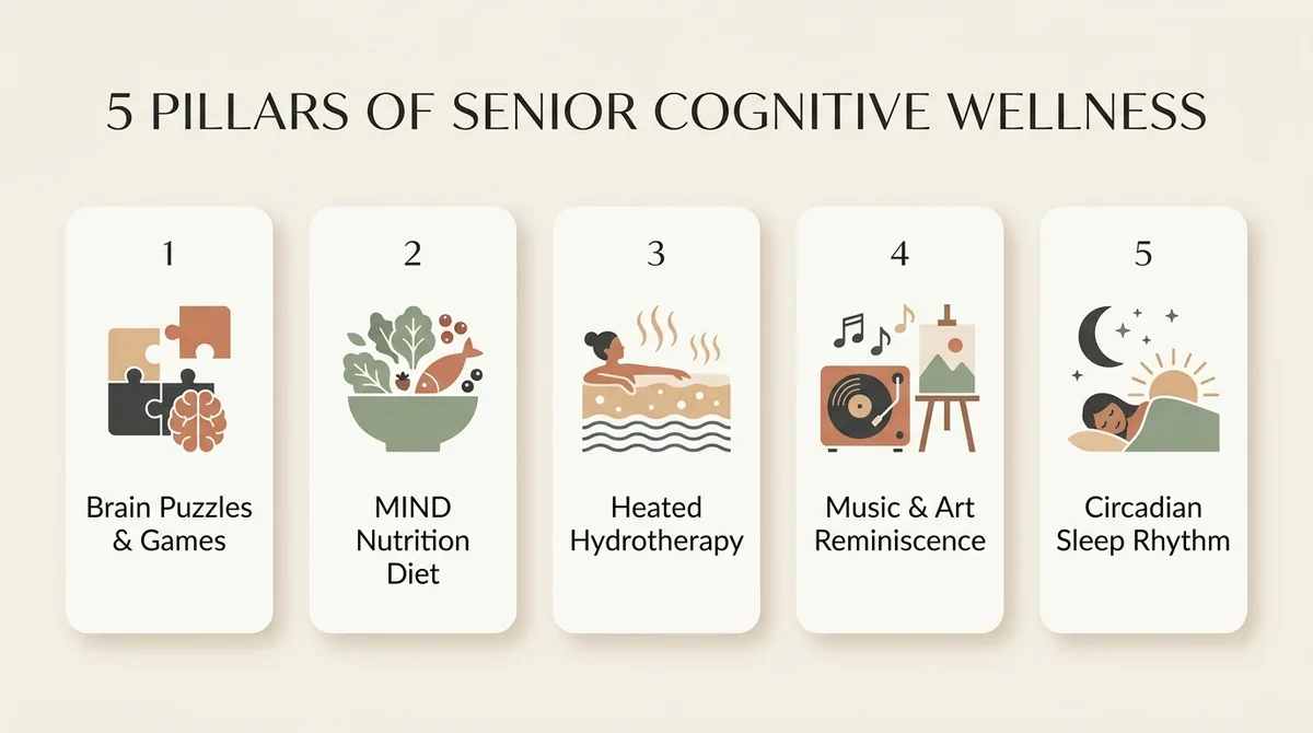 5 Pillars of Senior Cognitive Wellness in Senior Living Communities including brain puzzles, MIND diet, hydrotherapy, music and art, and circadian sleep rhythm