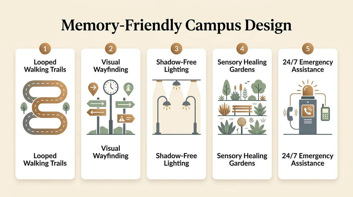 Memory-Friendly Campus Design Features showing looped walking trails, visual wayfinding, shadow-free lighting, sensory healing gardens, and 24/7 emergency assistance