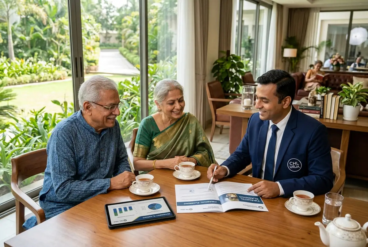 Distinguished senior Indian couple reviewing retirement financial planning and living costs with a care coordinator wearing a CHL Urja branded blazer in an elegant clubhouse