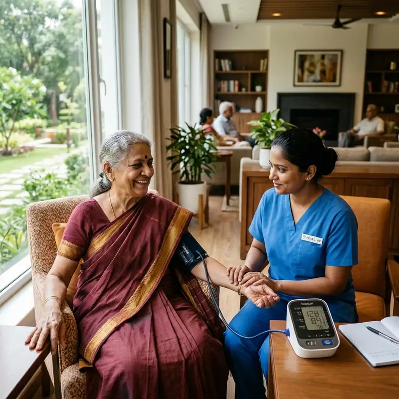 Elderly Indian woman smiling warmly while a caring nurse checks her blood pressure in a modern senior living community.
