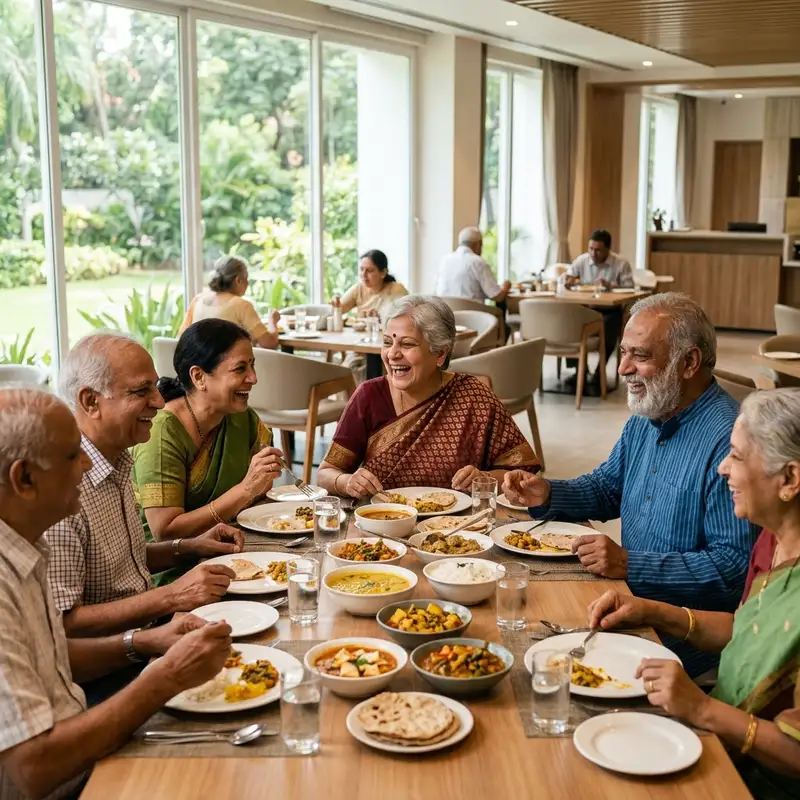 Happy elderly Indian seniors laughing and sharing a meal together in a bright, modern dining hall.