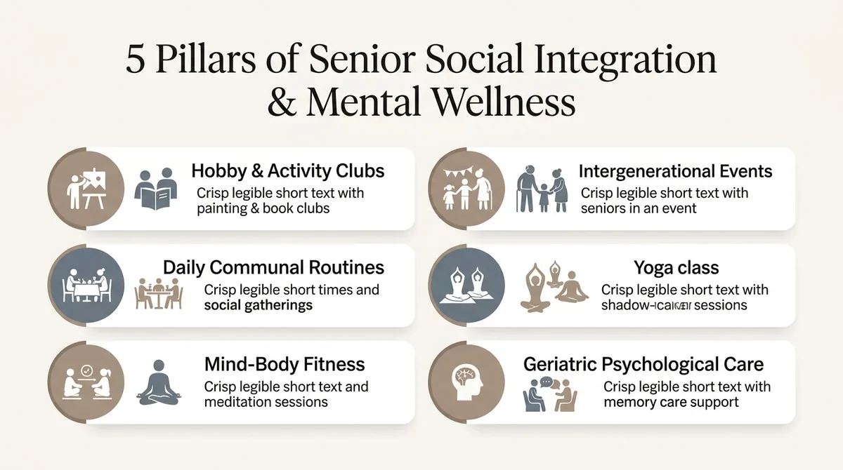 5 Pillars of Senior Social Integration & Mental Wellness including hobby clubs, intergenerational events, daily communal routines, mind-body fitness and geriatric psychological care