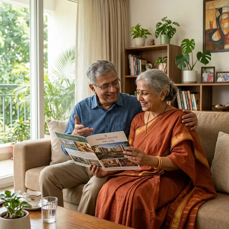 Happy senior couple enjoying their morning tea at a retirement community in India